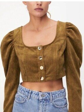 ZARA Corduroy Puff Sleeve Crop Top Mustard Button Front XS